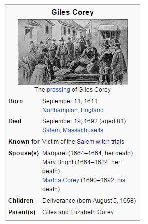 Screenshot of infobox from Giles Corey entry: shows black and white illustration of Giles being pressed on a wooden platform with a crowd around him. Other content described in accompanying text. Taken March 9, 2016. 