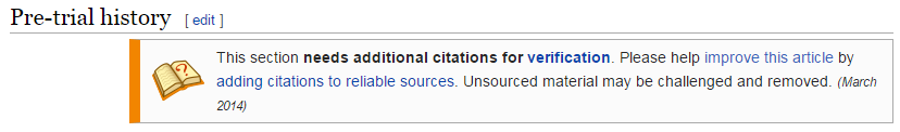 Screenshot: text reads "This section needs additional citations for verification. Please help improve the article by adding citations to reliable sources. Unsourced material may be challenged and removed (March 2014)"
