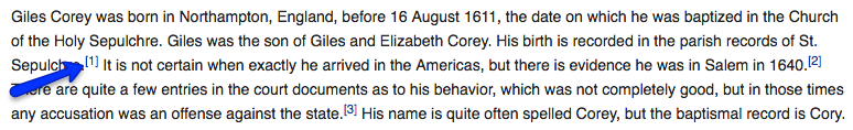 Screenshot of initial paragraph of Giles Corey article. Shows blue arrow pointing to a footnote. Taken November 2, 2016