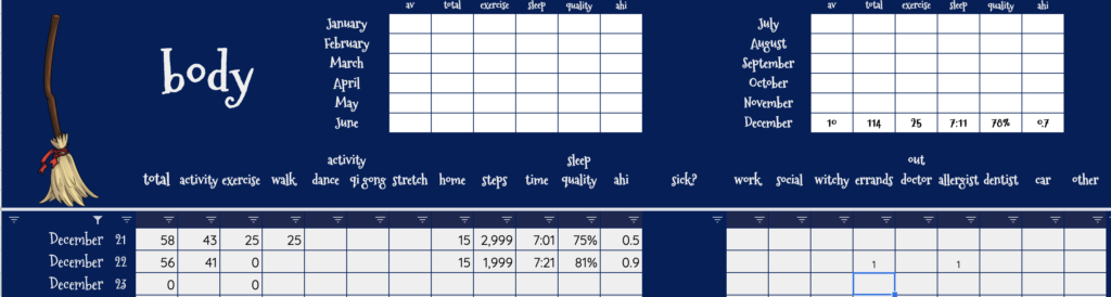 Screenshot of my body spreadsheet page: described in following text. 