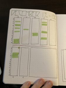 Planner page: long vertical columns, five across, for the weekdays on top, two on the bottom for the weekend. Decorated in pale green.