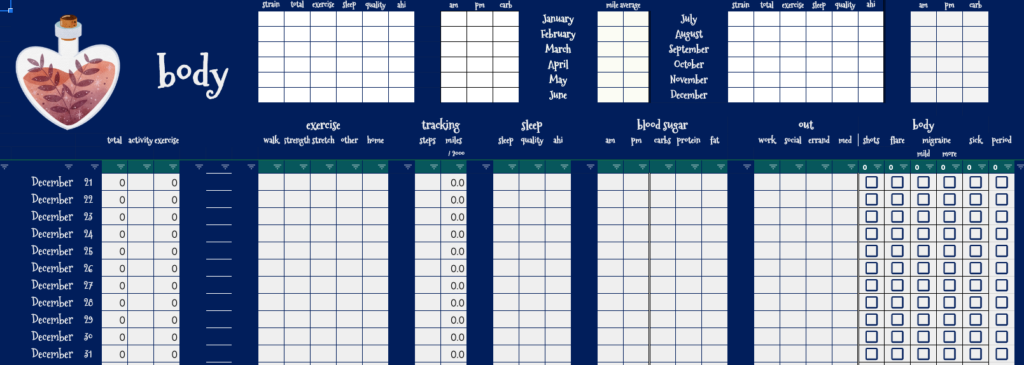 Screenshot of body page for Jenett's one tracking spreadsheet to rule them all. Described in accompanying text. 