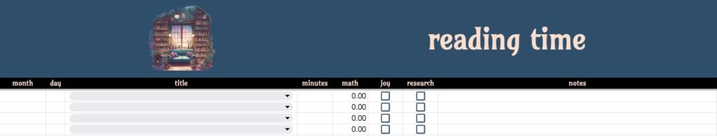Screenshot of Reading Time sheet: a deep blue header with an image of a reading nook with a blue sofa. 